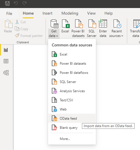 Power BI get data menu